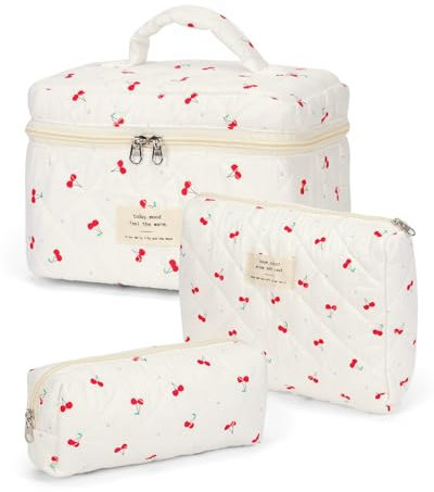 RuiDay 3 Pezzi Borsa Porta Trucchi Portatile, Trousse Trucchi Organizer per Cosmetici in Cotone Floreale, Borsa da Toilette da Viaggio, Borsa da Toilette da Viaggio Lavabile, Beauty Case Morbido (F)
