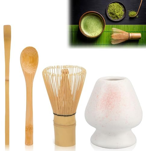 Matcha set – Te matcha kit – Batidor bambu te matcha – Juego de 4 piezas con cuchara de matcha y soporte de cerámica para batidor – Ideal para preparar matcha y ceremonias del té (color rosa)
