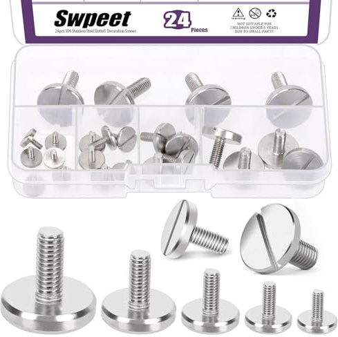 Swpeet 24Pcs 5 Sizes M2.5 M3 M4 M5 M6 304 Stainless Steel One-Word Slot Extra Large Flat Head Slotted Screw Assortment Kit, Flat Round Head Bolt Slotted Decoration Screws for Decoration Maintenance