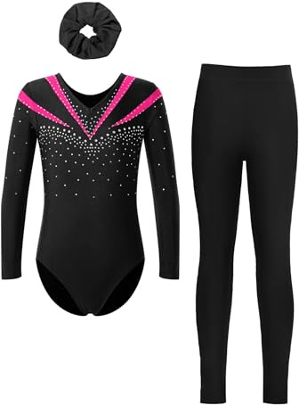Yruioon Tenue De Gymnastique Pour Filles Ensemble De Gym Avec Pantalon Bandeau Pailleté Justaucorps Danse Classique Manches Longues Leotard Gymnastique Costume 5-16 Ans Rose vif noir 15-16 ans