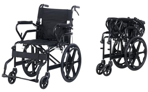 BSTSEL Portabble Foldable Self Propelled Wheelchair Lightweight Fully Folding Mobility Aid Wheelchair for Transit Travel with Adjustable Footrests Seat Belt Dual Brakes 20 Inch Wheels (Black Frame)