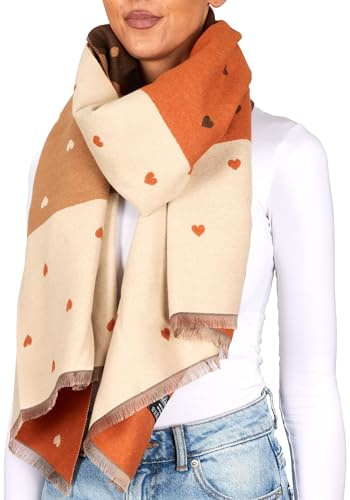 BRUBAKER Cashmirillo Damen Schal mit Herz Muster - 70 x 200 cm - Warm, Kuschelig & Oversized - Damenschal für Herbst & Winter - Winterschal - Weiches Kaschmir-Gefühl - Braun, Beige & Orange