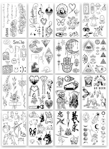 AWAKEN Tatouages Temporaires Fantaisie Homme 200+ Motifs Semi-Permanents Adhésifs Imperméables durent 1-2 Semaines Paquet de 16PZ