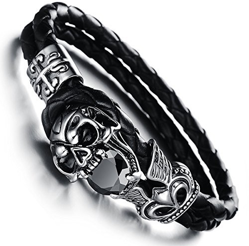 JewelryWe Schmuck Herren geflochten Lederarmband, Gotik Schädel Totenkopf 2 Lederkette Edelstahl Leder Armband Armreif, Schwarz Silber