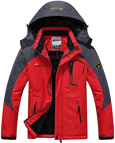 Memoryee Herr skidjacka vinter varm foder plysch utomhus softshell med avtagbar huva jacka, Färg: röd, L