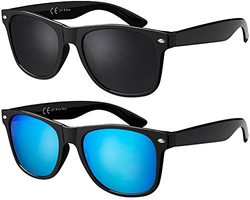 La Optica B.L.M. unisex-solglasögon, UV400 CAT 3 CE, inkl. glasögonpåse och rengöringsduk, speglade, polariserade, gradient-varianter, Uppsättning av 2 glänsande svarta (glasögon: 1 x grå, 1 x ljusblå spegel)