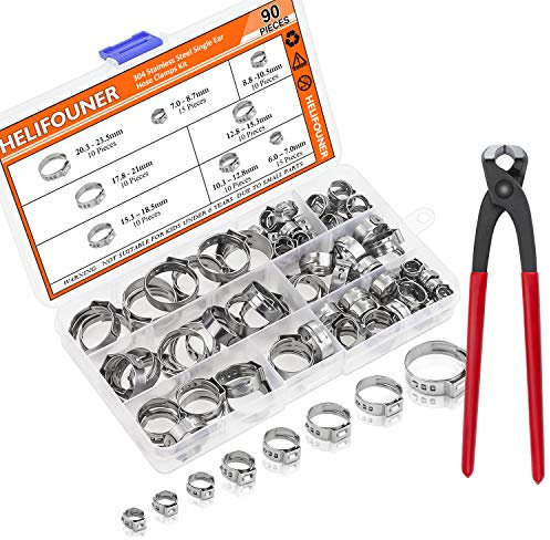 HELIFOUNER 90 Pieces 1/4-15/16 304 Stainless Steel Single Ear Hose Clamps with Pincers Kit
