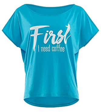 WINSHAPE Damen Ultra leichtes Modal-Kurzarmshirt MCT002 mit weißem „First I Need Coffee” Glitzer-Aufdruck Camiseta, Azul Cielo y Blanco, M para Mujer