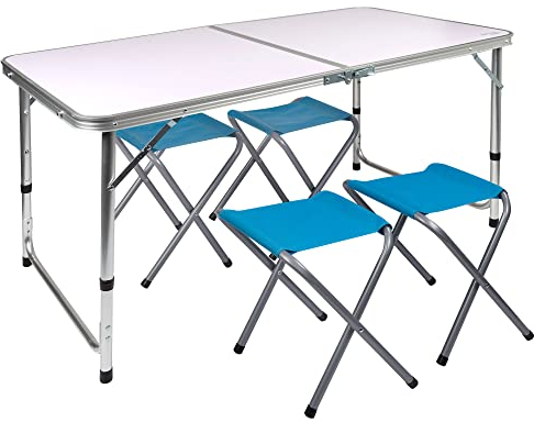 AKTIVE 52893 Table Pliante réglable en Hauteur avec 4 tabourets, Aluminium, Blanc, Mediano