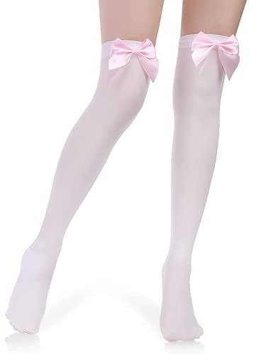 IRYNA 1Pair White Knee High Socks with Pink Satin Bow, Long Socks for Women Over The Knee, Opaque Bow Lace Thigh High School Stocking for Women Valentine's Day Favors