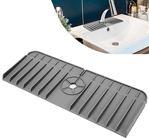 MEERESN Silicone Faucet Handle Drip Catcher Tray,Sink Splash Guard, Faucet Mat with Drainage for Bathroom,RV,and Kitchen(Grey)