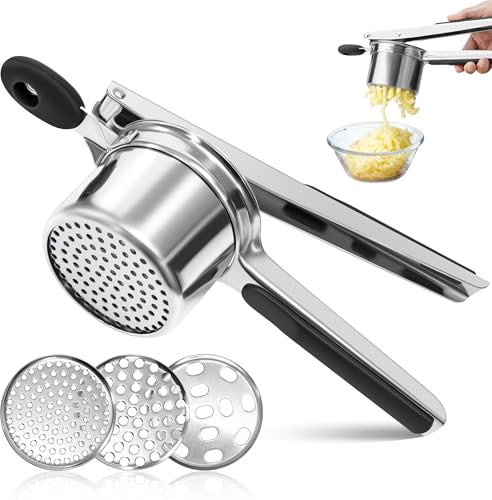 Edelstahl Kartoffelpressen Verdickte Kartoffelstampfer mit 3 Lochscheiben Mehrzweck-Kartoffelstampfer Spaghettieispresse für Kartoffelpüree Gemüsebrei Babynahrung Entsaften