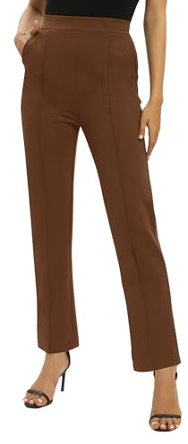 EXCHIC Mujeres Oficina Casual Piernas Rectas Trabajo Pantalones Elástica Cintura Pantalones con Bolsillos(L, Café)