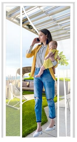 Puerta con pantalla magnética 140×195cm Blanco, tira adhesiva antimoscas Cierre automático Malla ultrafina Fácil instalación sin herramientas Ideal para puertas, patios y pasillos