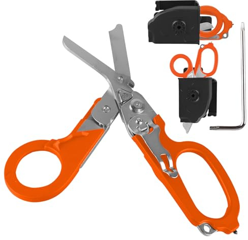 WANDGU 6-i-1 räddningssax: Trauma sax, bärbar räddningssax, vikbar saxtång av rostfritt stål, friluftssax för camping, nödsituationssax för räddningskraft (orange färg)