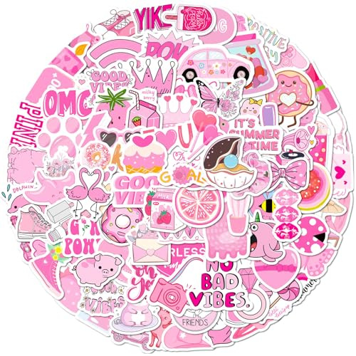 Copbopwn 100 Pcs Preppy Pink Stickers Waterproof Self-Adhesive Cute Stickers Pack Reusable Aesthetic Sticker for Girls Teens Laptop Water Bottle Phone Journal Decoration DIY Crafts