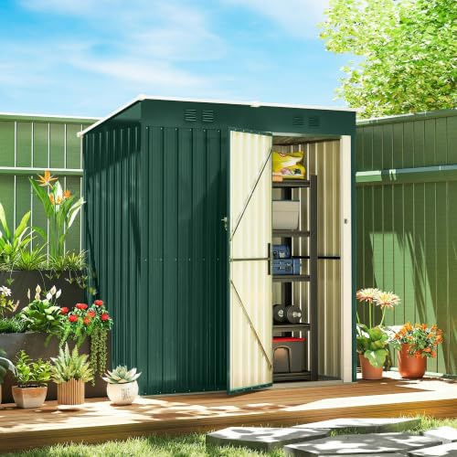 Outsunny Caseta de Jardín Exterior 1,37 m² 163x90x179 cm Verde | Cobertizo de Jardín Exterior Metálico, Puerta con Pestillo, Ranuras de Ventilación, para Almacenamiento de Herramientas