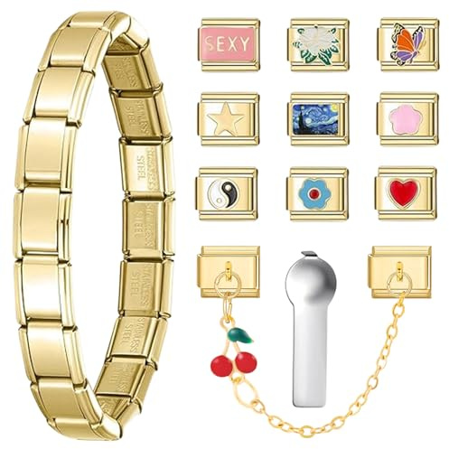 HTTDSLF Italian Bracelet Gold, Gold Italian Charms Set, Set Bracciale Fascino Italiano, 10 Charms Supplementari Con Strumento Di Apertura