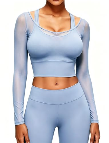 STARBILD Camisas de Manga Larga de Malla para Mujer, Cami Tank Tops Deportivo con Sujetador Incorporado, Camiseta con Efecto de Dos Piezas, Crop Top para Yoga Gimnasio Casual, Azul S