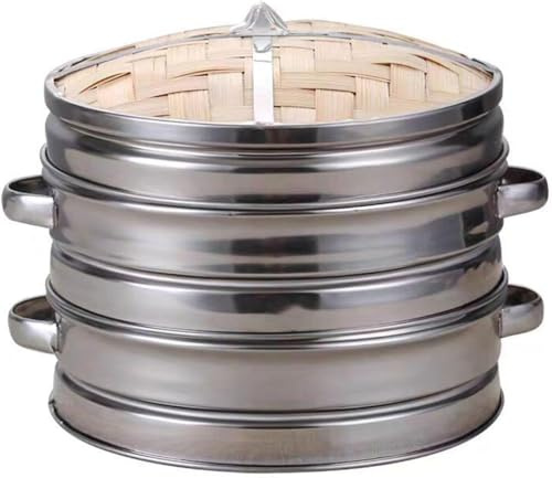 Juego de olla de vapor – Cesta de vapor de acero inoxidable de 2 niveles con tapa y vaporera de bambú hecha a mano para uso doméstico y comercial
