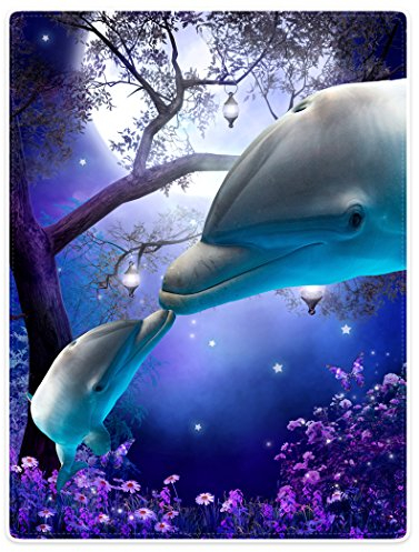 Dick Decke Weich Wärme Gemütlich Flanell-Fleece Sofadecke Deckeldecke Lustiger Delphin Küsst Lila Wildblumen Helle Mondsterne 150 x 200 cm
