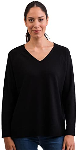 CASH-MERE.CH Pull 100 % cachemire pour femme avec coupe droite et fente latérale | Pull col en V 2 fils, Noir , XL