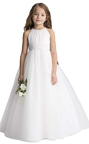 Aibaowedding Blumenmädchen Tüll Chiffon Kleider Kinder Hochzeit Festzug Ballkleider (Weiß,12-13Y)