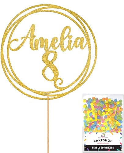 Personalised Round Happy Birthday Glitter Cake Topper - Gold Any Custom Age & Name Glitter Cake Decoration and Sprinkles - Happy Birthday Decorations - Personalised Toppers for Cakes by Cakeshop