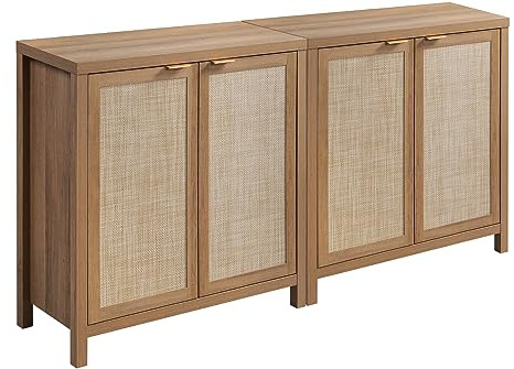 SICOTAS Sideboard Buffet Cabinet with Large Storage : Boho Rattan Credenza Coffee Bar Storage Cabinet with Adjustable Shelves, Farmhouse Console Cabinets for Kitchen, Living Room, Entryway, Oak, 2 PCS