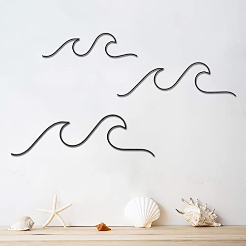 Qmetalart Wellen-Wanddekoration, schwarzer Metalldraht, Wandkunst, Ozean, Strand, Surf-Thema, hängende Dekoration für Zuhause, Wohnzimmer, Schlafzimmer, Badezimmer | Drahtwellenskulptur für Wohnzimmer, Schlafzimmer oder Badezimmer, moderne Dekoration am Meer für Ozeanliebhaber