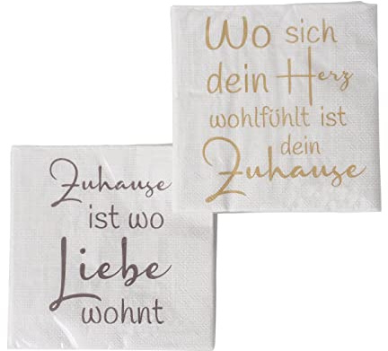 2 x 20 Servietten 'Zuhause' Sprüche weiß, taupe, gold - 3-lagig 33 x 33 cm