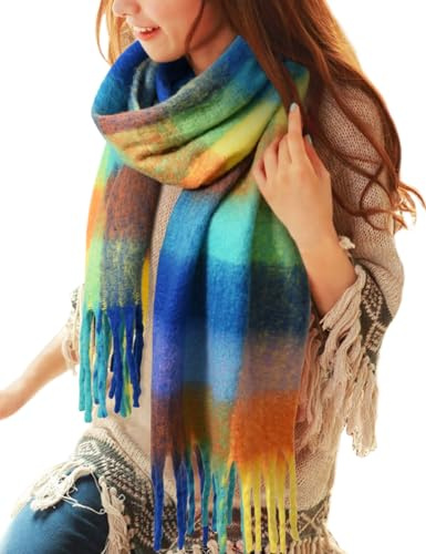 CMTOP Sciarpa Donna Sciarpe Invernali Calde a Quadri Colorati Scialli Grandi e Morbidi Sciarpe Da Donna Inverno Con Nappa(Blu Zaffiro)