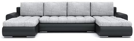 Mebligo - Ecksofa mit Schlaffunktion und Bettkasten Tokio III, Eckcouch aus Kunstleder, Sofa U Form 302x159x89 cm, Couch Wohnzimmer, Ecke Sofa Wohnlandschaft, Schlafsofa Hellgrau/Kunstleder Schwarz