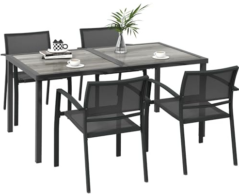 Outsunny 5 TLG. Sitzgruppe Gartenmöbel-Set, mit 1 Esstisch, Dunkelgrau | 4 stapelbaren Stühlen, Gartengarnitur, Sitzgarnitur, Möbelsets für Terrasse, Mesh