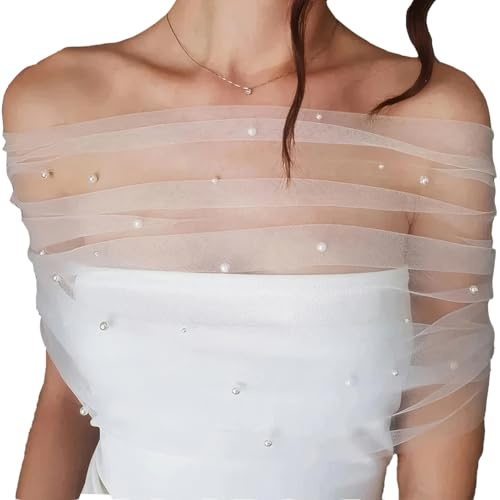 MAYJOYDIY L Size Wedding Pearl Shawls Detachable Bridal Tulle Cloaks Short Shoulder Cover up Cape for Women Bride Bridesmaid Wedding Party, Ivory White