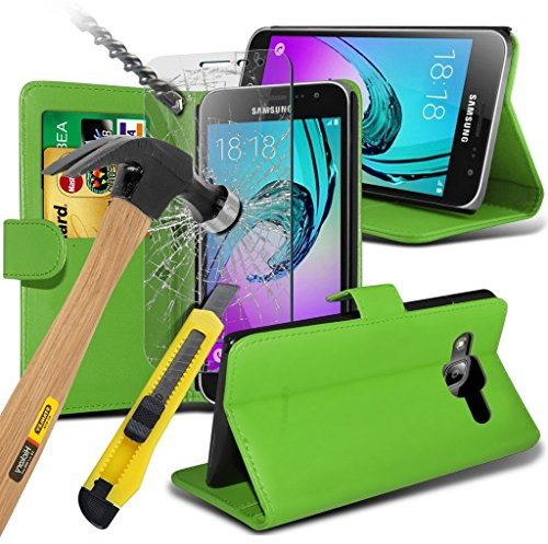 Gadget Giant® para Samsung Galaxy J3 (2016) Estuche abatible en forma de cartera de cuero con vidrio templado transparente y lápiz táctil retráctil - Verde
