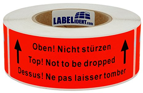 Warnetiketten 150 x 50 mm - Paket Aufkleber Oben! Nicht stürzen! Top! Not to be dropped! Dessus! - 500 Versandaufkleber auf 1 Rolle(n), Papier selbstklebend