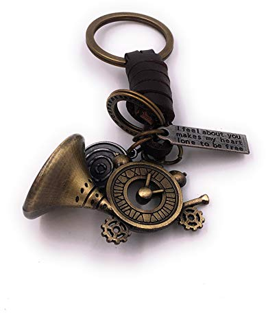 H-Customs Trompete Blasinstrument Uhr Zeit Bronze Kunstleder besonderer Schlüsselanhänger Anhänger