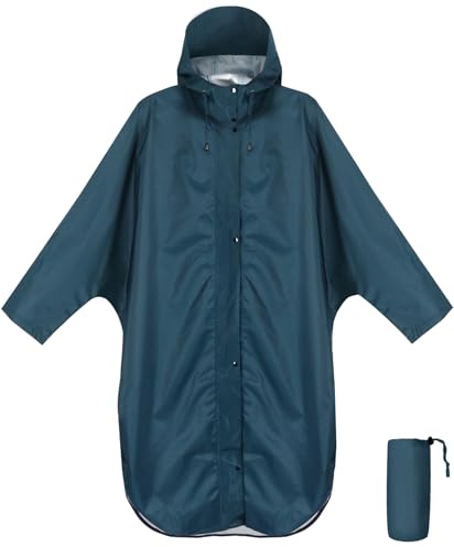 ANYOO Impermeabile Poncho Antipioggia con Cappuccio e Maniche, Giacca Antipioggia Leggera e Antivento per Donne e Uomini, Blu Acciaio, Taglia Unica