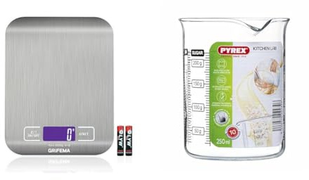 GRIFEMA GA2002 Balance de Cuisine Électronique de Haute Précision 5000g/1g avec Écran LCD Rétroéclairé, 6 Unités et Fonction Tare Acier Inoxydable & Pyrex - Kitchen Lab - Verre doseur 0.25 L