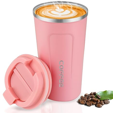 CMKJ Thermobecher Edelstahl,Kaffeebecher to Go,Vakuumisolierter Edelstahlbecher, Kaffeetasse mit Deckel für Tee Kaffee Heißes Kaltes Wasser Kaffee Reisebecher (Rosa,18oz/510ml)