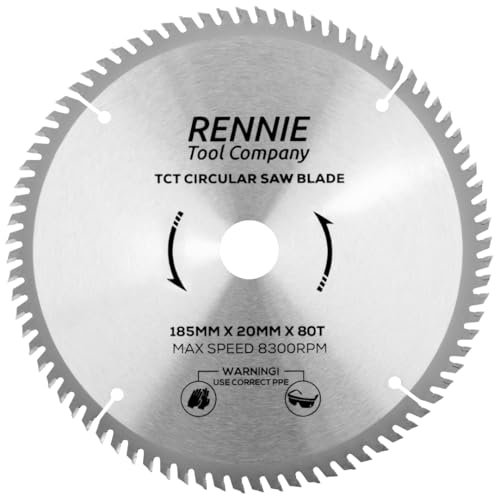 185mm x 20mm Bore x 80T TCT Saw Blade. 185mm Circular Saw Blade For Fine Cuts x 20mm Bore + 16mm Bore Reduction Rings Fits Evolution Bosch Makita Ryobi Dewalt Circular Saws Etc