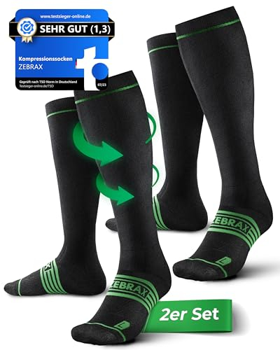 ZEBRAX® 2er Kompressionsstrümpfe Damen & Herren [Gr. 35-47] zur Förderung der Performance I Gepolsterte Stützstrümpfe für schmerzfreies Joggen uvm. I Atmungsaktive Kompressionsstrümpfe Herren