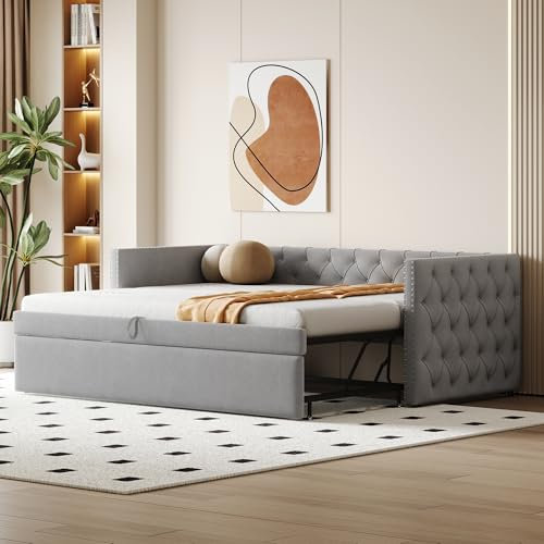 Polsterbett Schlafsofa Einzelbett 90x200, Tagesbett Sofabett Doppelbett mit Lattenros&Ausziehbares Bett, Klassische Vollform mit Knöpfen, Multifunktionsbett Gästebett Jugendbett,Ohne Matratze,Hellgrau