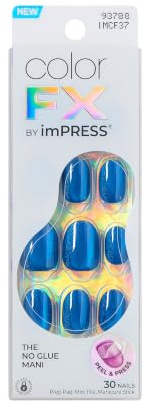 Kiss colorFX by Impress Press On Nails , ‘Reconnect’, Solid Blue with Pearlescent Finish, Short Oval, IMPROVED adhesive, Includes 30 Fake Nails, Prep Pad, 1 Manicure Stick, 1 Mini Nail File
