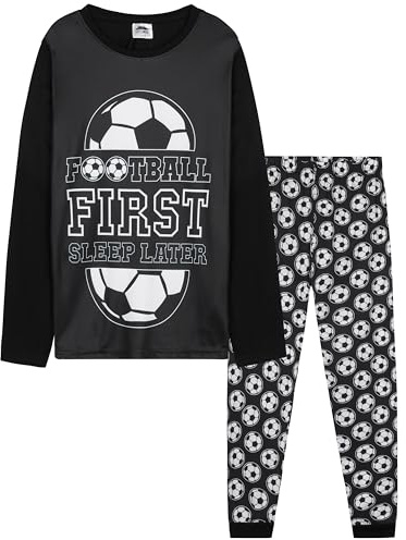CityComfort Pijama Niño Manga Larga Invierno Pijamas Divertidos Niños Juvenil Chico Largo con Diseño Fútbol Ropa de Dormir (11-12 Años, Negro Football)
