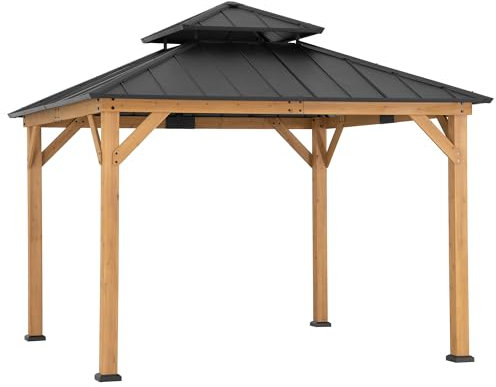 SUNJOY 3.3x3.3m Wood Hardtop Gazebo, Cedar Frame, 2-Tier Metal Roof, Snow & Wind Resistance, Outdoor Heavy Duty Permanent Waterproof Pavilion for Patio, Garden, Deck Party