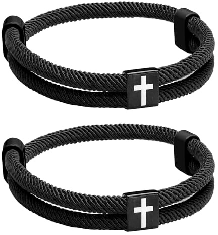 Lot de 2 bracelets pour homme avec croix, réglables, tressés à la main, avec croix carrée en acier inoxydable, bracelet simple et discret pour le quotidien, l'extérieur et les loisirs, cadeau pour