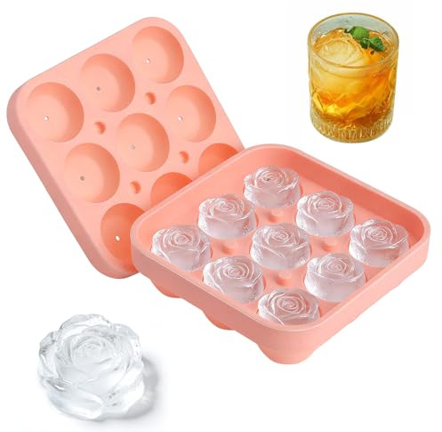 XRVRILE Silikonform för rosformade isbitar, silikon, 9 fack, med lock, återanvändbar, för glass, whisky, cocktails, fruktjuicer, kaffe