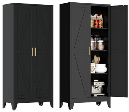 Mehrzweckschrank 70 cm Breit, Küchenschrank mit 2 Türen, Verstellbarer 4-Stufiger Metallschrank, Vorratsschrank, Allzweckschrank, für Küche, Esszimmer, Wohnzimmer und Homeoffice-Schwarz-D
